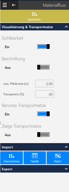 Benutzeroberfläche Materialfluss in der Software visTABLE